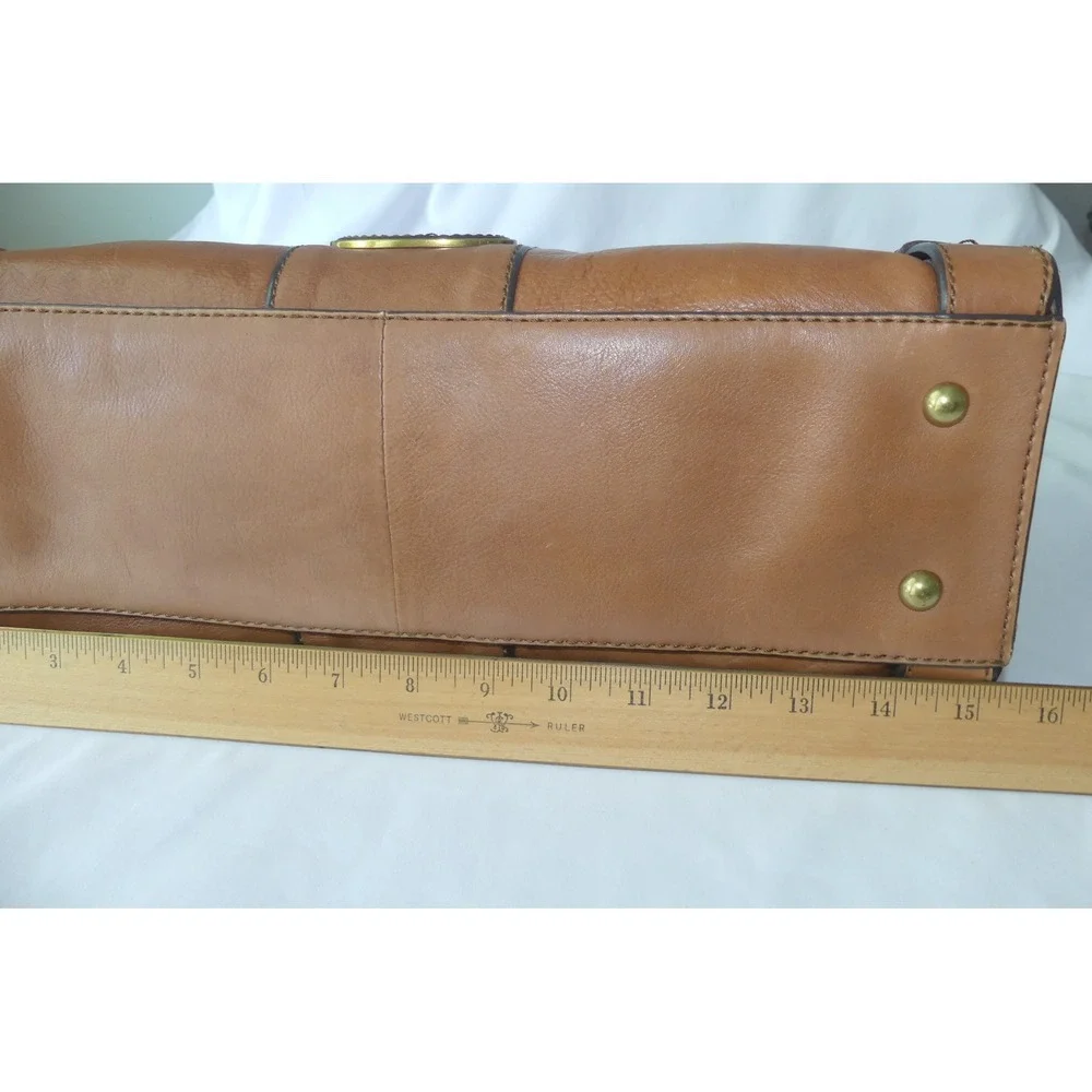 Vintage Fossil Cognac Leather Satchel Reissue Handbag Brass Key Charm Keyhole